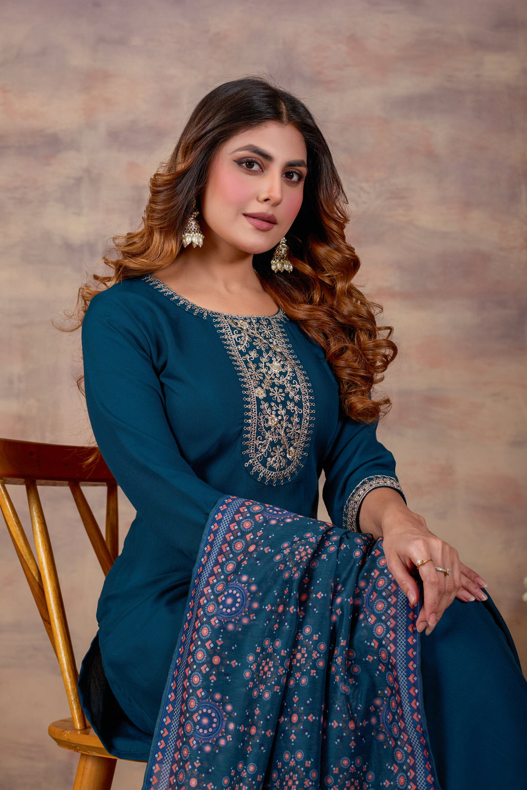 Women Ethnic Embroidered Thread Work Kurta with Trousers & Dupatta.